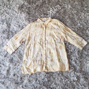 100% Linen Top Coldwater Creek Button Up Medium Yellow Orange Indie Print Summer
